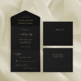 Invitación Todo En Uno Elegante moda caligrafía de oro boda negro