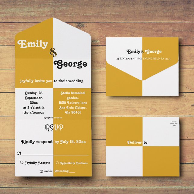 Invitación Todo En Uno Elegante Moda Negra Y Oro Boda Moderno Sencillo (Subido por el creador)