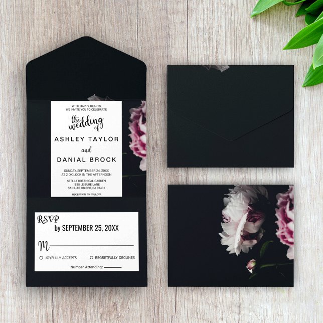 Invitación Todo En Uno Elegante moda negro rosa  floral Boda Al (Subido por el creador)