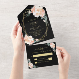 Invitación Todo En Uno Elegante Moda Negro Rubor Gold Peach Boda Floral