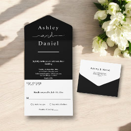 Invitación Todo En Uno Elegante Moda Negro Y Blanco Moderno Boda Simple