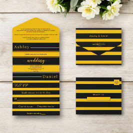Invitación Todo En Uno Elegante Moda Negro Y Gold Stripes Boda De Lujo