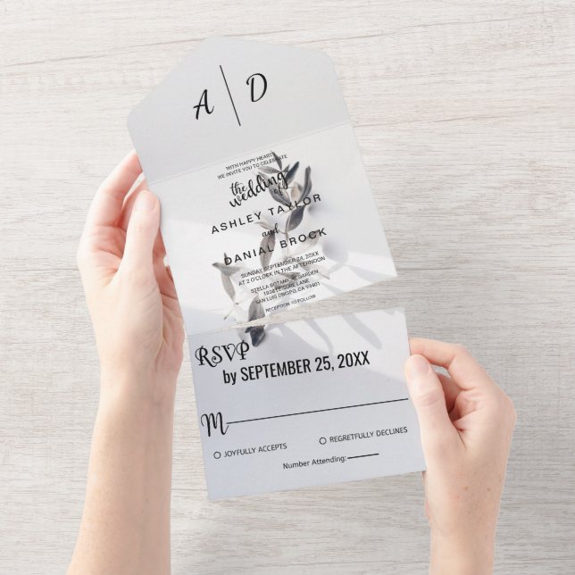 Invitación Todo En Uno Elegante Moda Rosa Plata verano Boda floral (desgarro)