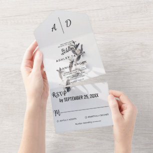 Invitación Todo En Uno Elegante Moda Rosa Plata verano Boda floral