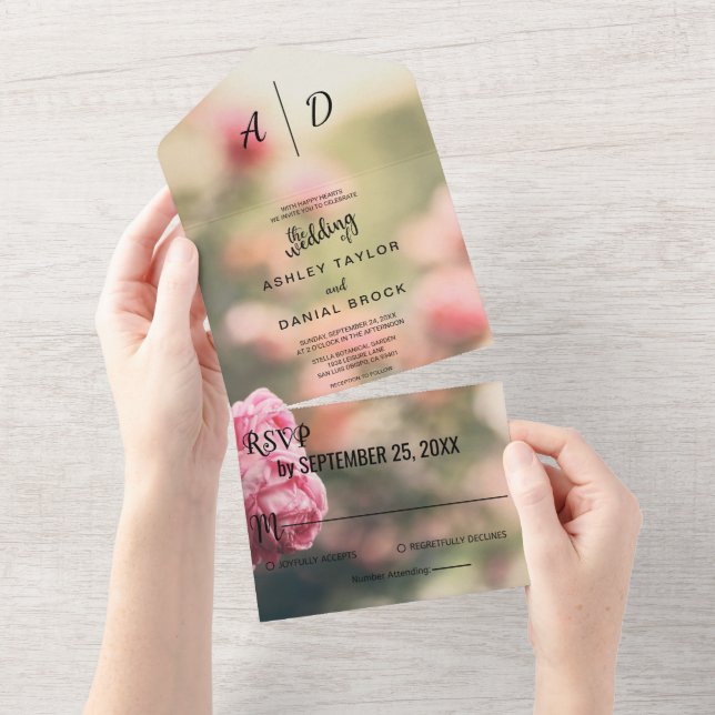 Invitación Todo En Uno Elegante moda rosa rosa rosa floral Boda Todo (desgarro)