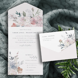 Invitación Todo En Uno Elegante Moda Rubor Watercolor Floral Boda