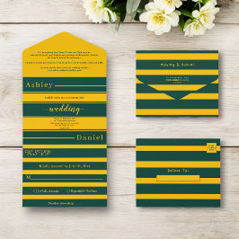 Invitación Todo En Uno Elegante Moda Verde Y Dorado Stripes Boda De Lujo