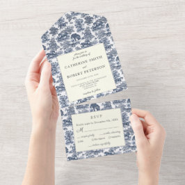 Invitación Todo En Uno Elegante Moda Vintage Elegante Blue Horse Toile