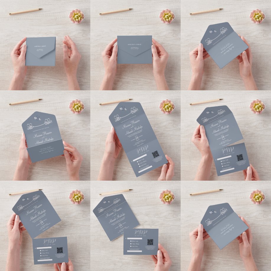 Invitación Todo En Uno Elegante Moderno Mínimo Dusty Azul Nikah Islámico