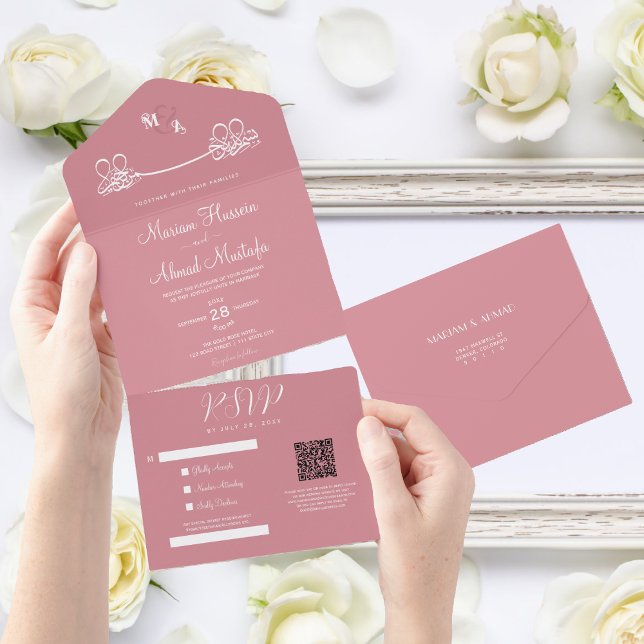 Invitación Todo En Uno Elegante Moderno Mínimo Dusty Rosa Islámico Nikah (all in one islamic wedding invitation)