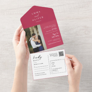Invitación Todo En Uno Elegante moderno Viva Magenta Código QR Foto RSVP
