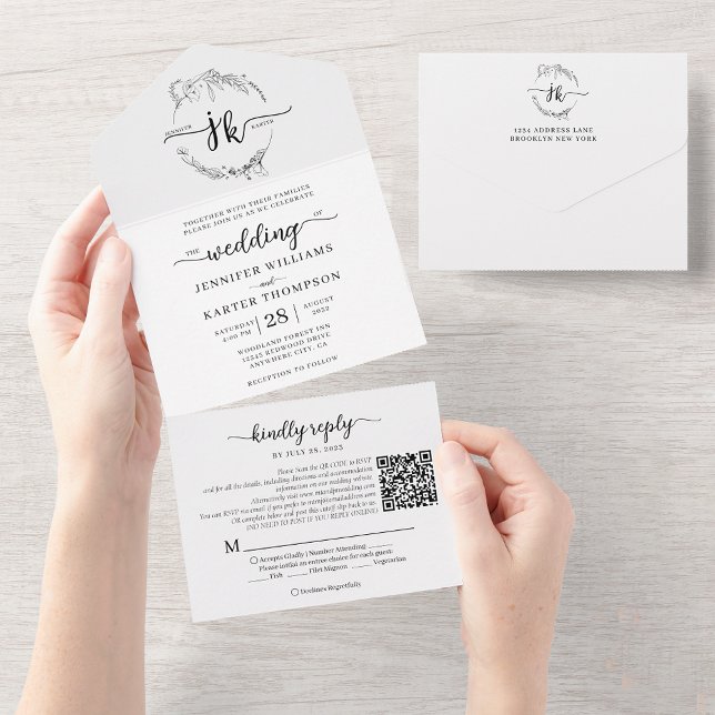 Invitación Todo En Uno Elegante Monograma blanco floral Boda de código QR (Subido por el creador)