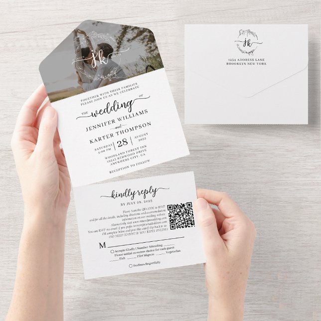 Invitación Todo En Uno Elegante Monograma Blanco Negro Código QR Boda fot (Subido por el creador)