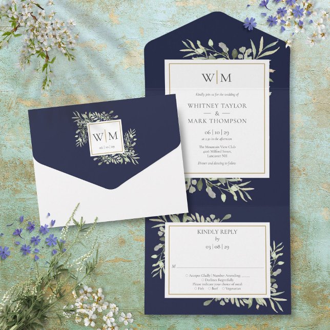 Invitación Todo En Uno Elegante Monograma Boda azul de la marina verde (Elegant Monogram Greenery Navy Blue Wedding All In One Invitation)