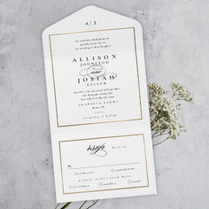 Invitación Todo En Uno Elegante Monograma Boda de Oro