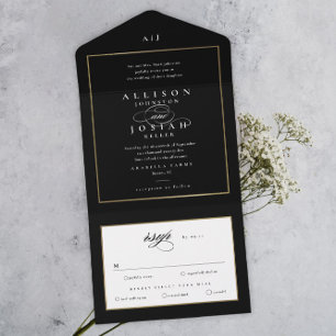 Invitación Todo En Uno Elegante Monograma Boda de Oro