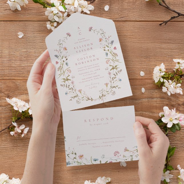 Invitación Todo En Uno Elegante monograma de Boda de Boho rústico de flor (Elegant Wildflower Rustic Boho Wedding monogram All In One Invitation)