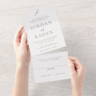 Invitación Todo En Uno Elegante Monograma de Boda en Letra Script Gris