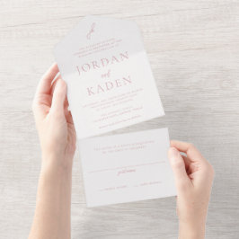 Invitación Todo En Uno Elegante Monograma de Boda en Letra Script Rosa