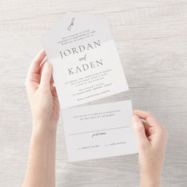 Invitación Todo En Uno Elegante Monograma de Bodas en Letra Script Gris