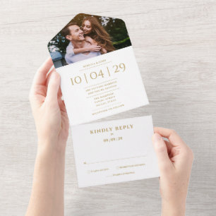 Invitación Todo En Uno Elegante Monograma de Foto de Fecha de Boda de Oro