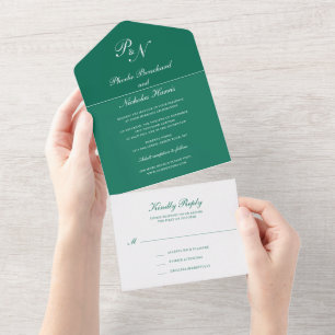 Invitación Todo En Uno Elegante Monograma Formal Boda Verde Esmeralda