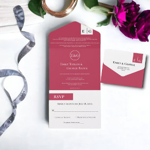 Invitación Todo En Uno Elegante Monograma Magenta de Bodas en Letra Moder