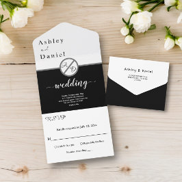 Invitación Todo En Uno Elegante Monograma Negro Y Blanco Boda Moderno