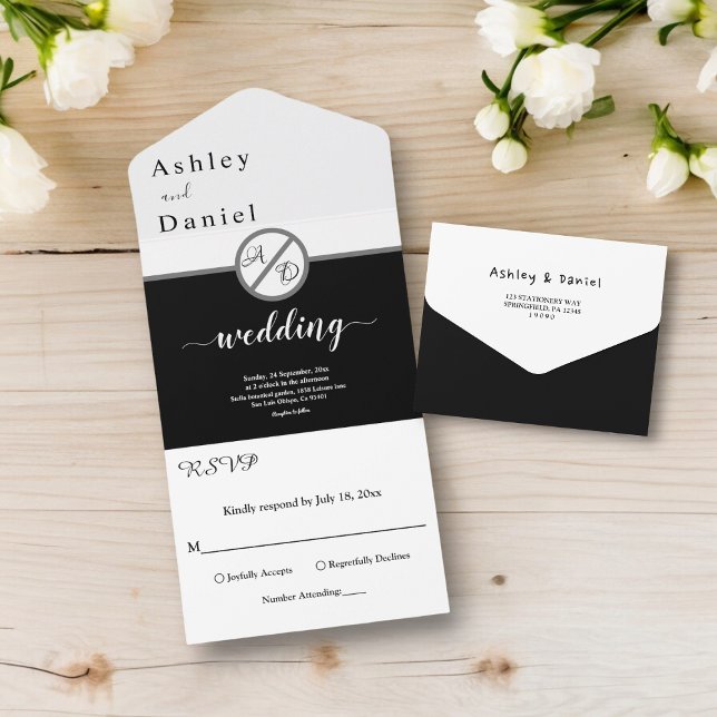 Invitación Todo En Uno Elegante Monograma Negro Y Blanco Boda Moderno (Subido por el creador)