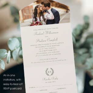 Invitación Todo En Uno Elegante Monograma Sage Green Boda