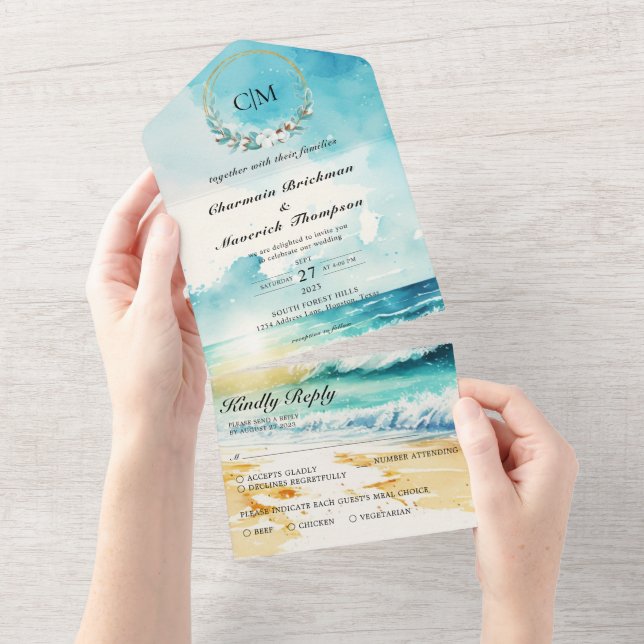 Invitación Todo En Uno Elegante Monograma Verano Boda De Playa Todo En Un (desgarro)