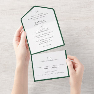 Invitación Todo En Uno Elegante Monograma Verde Esmeralda Boda Moderna