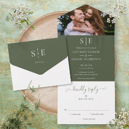 Invitación Todo En Uno Elegante Monograma Verde Oliva Foto Boda