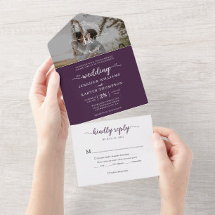 Invitación Todo En Uno Elegante Monograma Violeta Foto Boda Rsvp