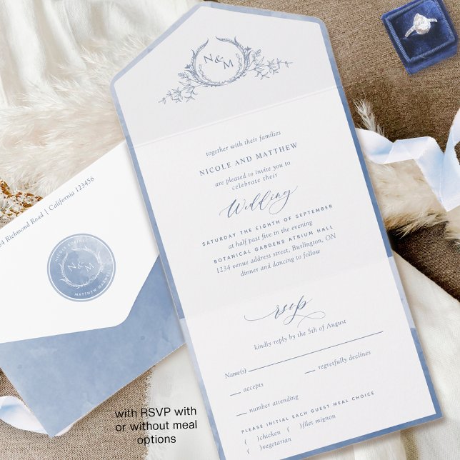 Invitación Todo En Uno Elegante Monograma y Boda de acuarela azul turbio (Subido por el creador)