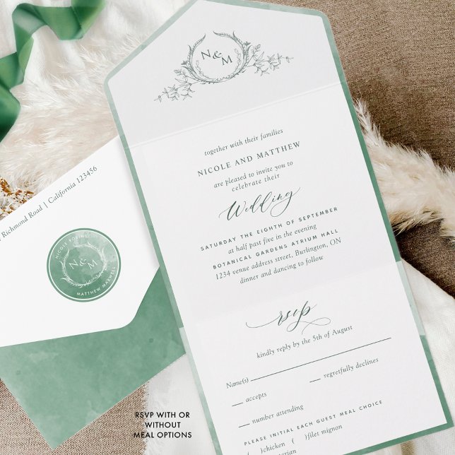 Invitación Todo En Uno Elegante Monograma y Boda de acuarela verde (Subido por el creador)