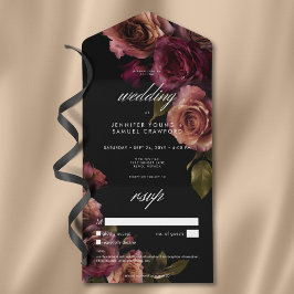 Invitación Todo En Uno Elegante Moody Ahogado Burgundy Floral Sin Cena