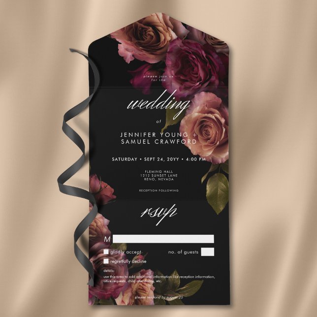 Invitación Todo En Uno Elegante Moody Ahogado Burgundy Floral Sin Cena (Elegant Moody Muted Rust Burgundy Floral No Dinner All In One Invitation)
