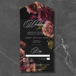 Invitación Todo En Uno Elegante Moody Ahogado Burgundy Floral Sin Cena
