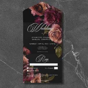 Invitación Todo En Uno Elegante Moody Ahogado Burgundy Floral Sin Cena
