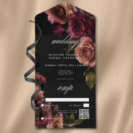 Invitación Todo En Uno Elegante Moody Ahogado Rust & Burgundy Floral QR C