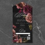Invitación Todo En Uno Elegante Moody Ahogado Rust & Burgundy Floral QR C<br><div class="desc">DISPONIBLE CON CÓDIGO QR O CON O SIN OPCIONES PARA CENAR. Acepte la elegancia atemporal para su celebración inspirada en el gótico con nuestra cautivadora invitación a la boda. Un suave fondo negro proporciona el lienzo perfecto para un ramo cautivador pero sobrio. Imaginen un arreglo de esquina de flores de...</div>