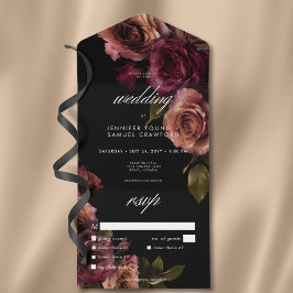 Invitación Todo En Uno Elegante Moody Amueblado Rust & Burgundy Floral Di