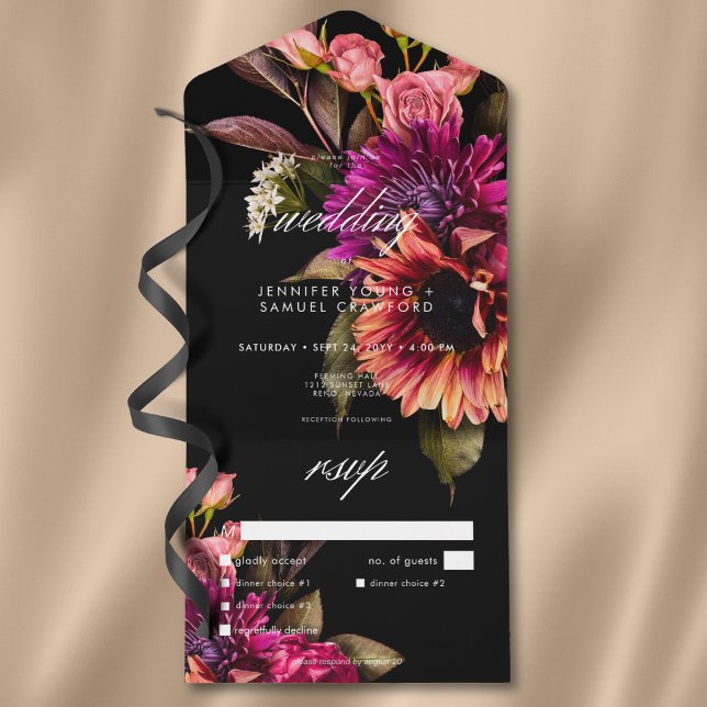 Invitación Todo En Uno Elegante Moody Vibrant Sunset Floral Cena (Elegant Moody Vibrant Sunset Floral QR Code All In One Invitation)