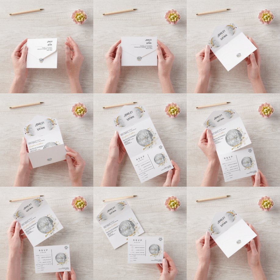 Invitación Todo En Uno Elegante Moon Full Wildflower Gold Watercolor