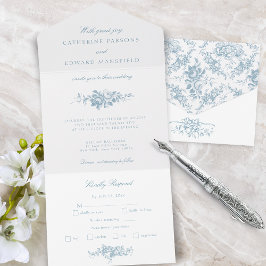 Invitación Todo En Uno Elegante mosaico floral azul y blanco