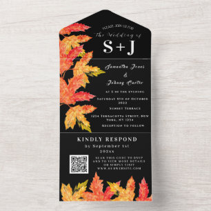 Invitación Todo En Uno Elegante Naranja acuarela deja matrimonio RSVP
