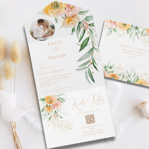 Invitación Todo En Uno Elegante Naranja amarillo foto color de aguaFloral