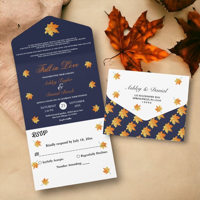 Invitación Todo En Uno Elegante Naranja Cae deja Boda floral azul (Subido por el creador)