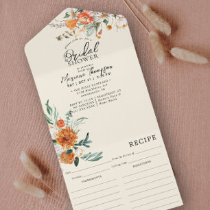 Invitación Todo En Uno Elegante Naranja Floral Bridal Shower & Receta